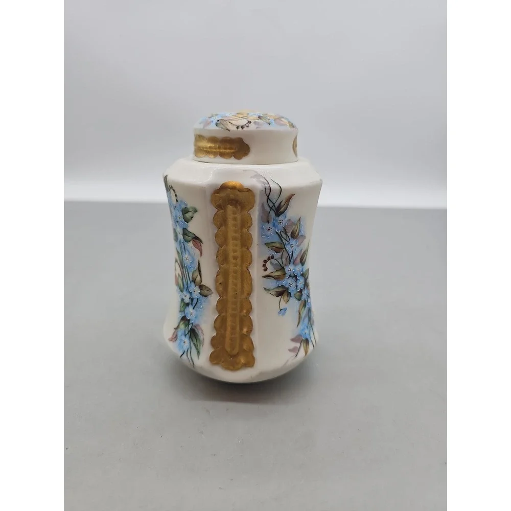Vintage‎ Floral Gold Embossed Porcelain Tea Caddy Woth Lid Victorian Elegant